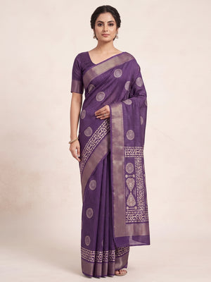 Classic Deep Violet Dola Silk Saree Adorned with Floral Motifs & Rich Zari Work - Image 1