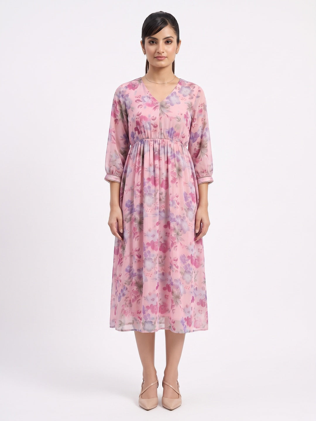 Rich Pink Floral Printed Chiffon Maxi Dress Feminine Elegant Appeal - Image 2