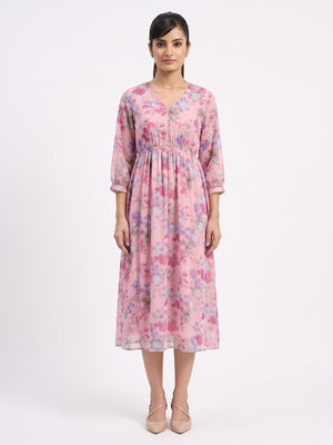 Rich Pink Floral Printed Chiffon Maxi Dress Feminine Elegant Appeal - Image 1