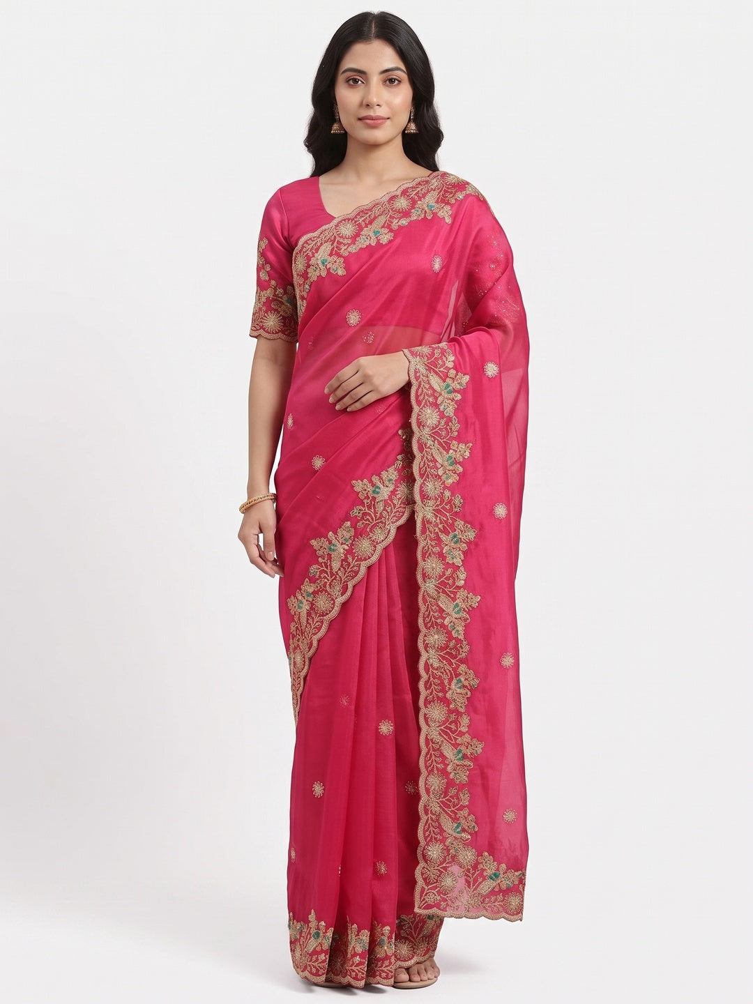 Pink Floral Embroidered Lightweight Organza Satin Silk Saree for Party and Festive Wear - Image 1