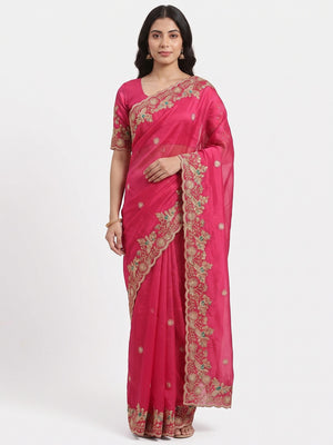 Pink Floral Embroidered Lightweight Organza Satin Silk Saree for Party and Festive Wear - Image 1