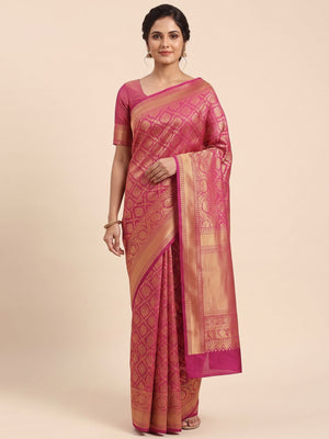 Rani Pink Floral Woven Lichi Banarasi Silk Saree - Image 1