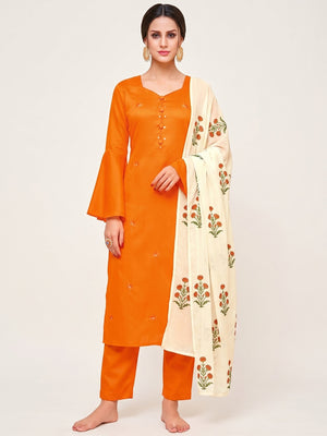 Pleasance Orange Colored Partywear Embroidered Pure Cotton Palazzo Suit - Image 1