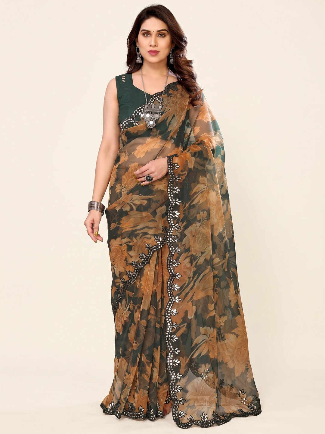 Dark Green  Printed Georgette Saree With Mirror Work Border - Image 1
