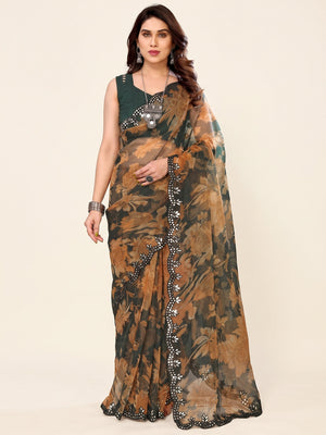 Dark Green  Printed Georgette Saree With Mirror Work Border - Image 1