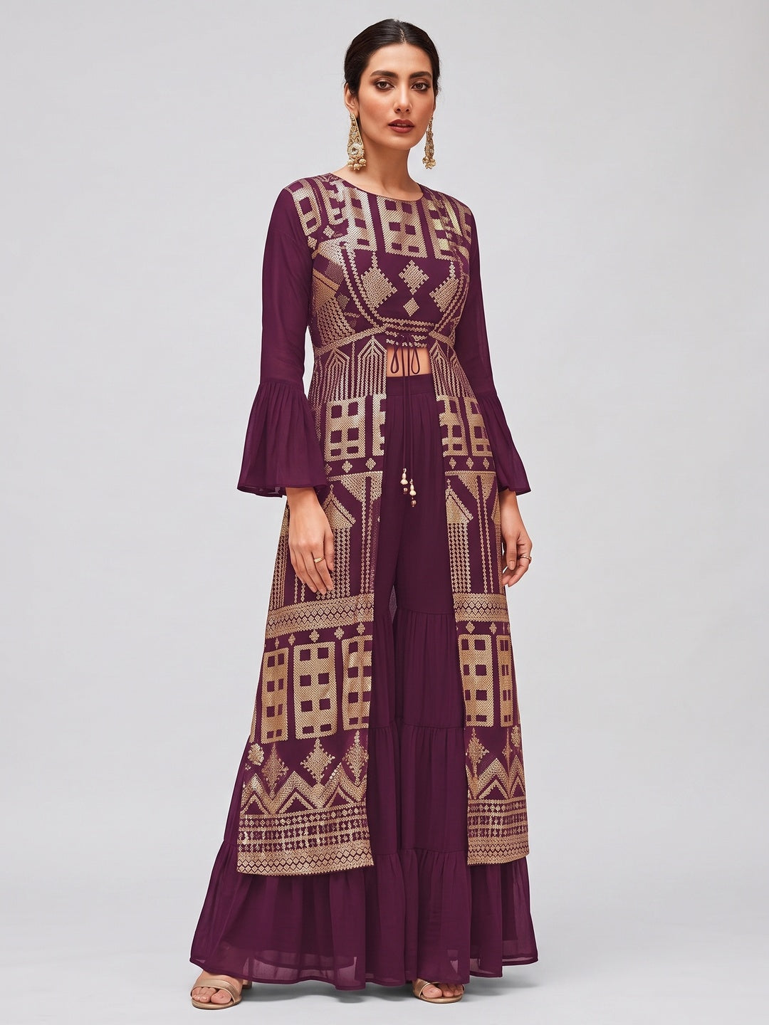 Purple Sequins Embroidered Georgette Sharara Choli With Jacket - Image 1