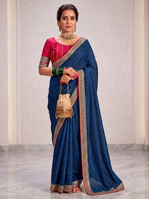 Royal Blue Embroidered Vichitra Silk Saree With Tassels - Image 1