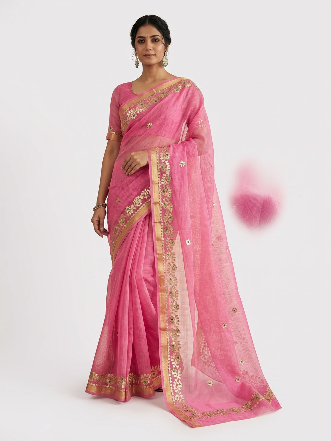 Graceful Pink Kota Doria Saree Adorned With Delicate Floral Gota Patti & Zari Weaving Border - Image 5