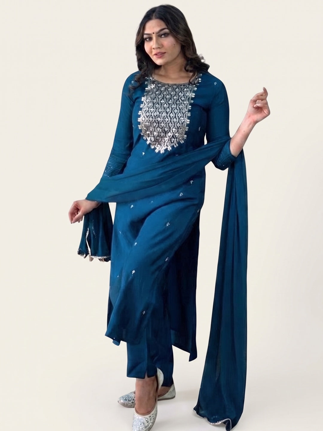 Blue Sequins Embroidered Rayon Kurti Set - Image 1