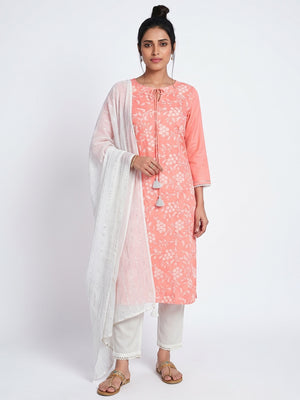Peach Colored Printed Viscose Silk Kurti - Pant Set With Dupatta - Image 1