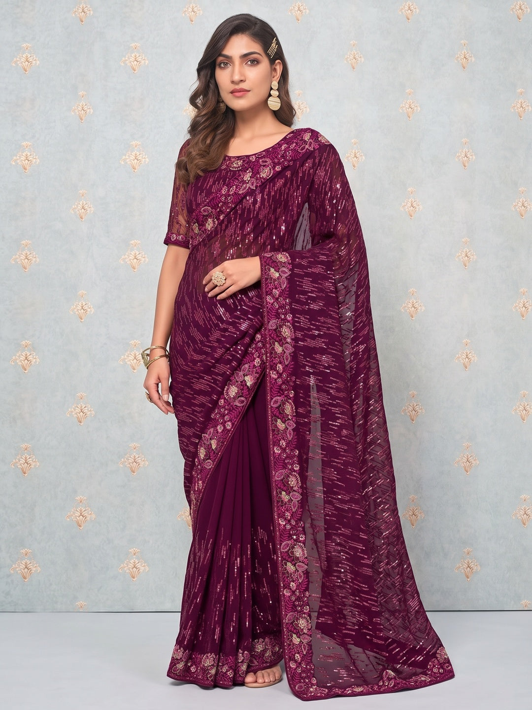 Wine Sequins Embroidered Georgette Saree - Image 1