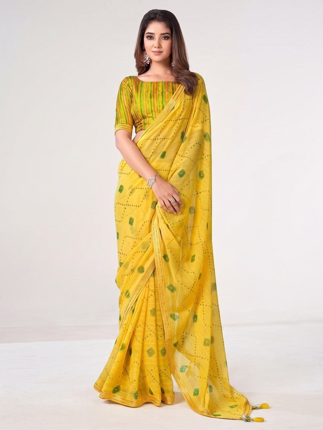 Yellow Printed Georgette Saree With Lace Work - Image 1