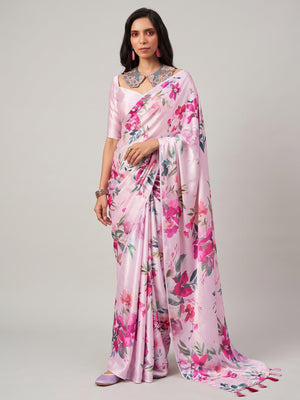 Pink Floral Digital Printed Satin Saree - Image 1