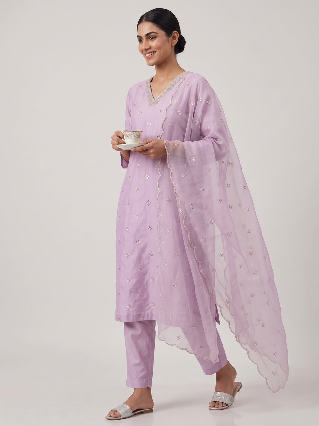 Lavender Embroidered Pure Silk Straight Salwar Suit - Image 6
