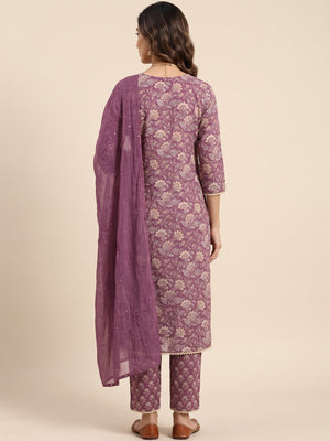 Purple Floral Printed Pure Cotton A-Line Salwar Suit - Image 2