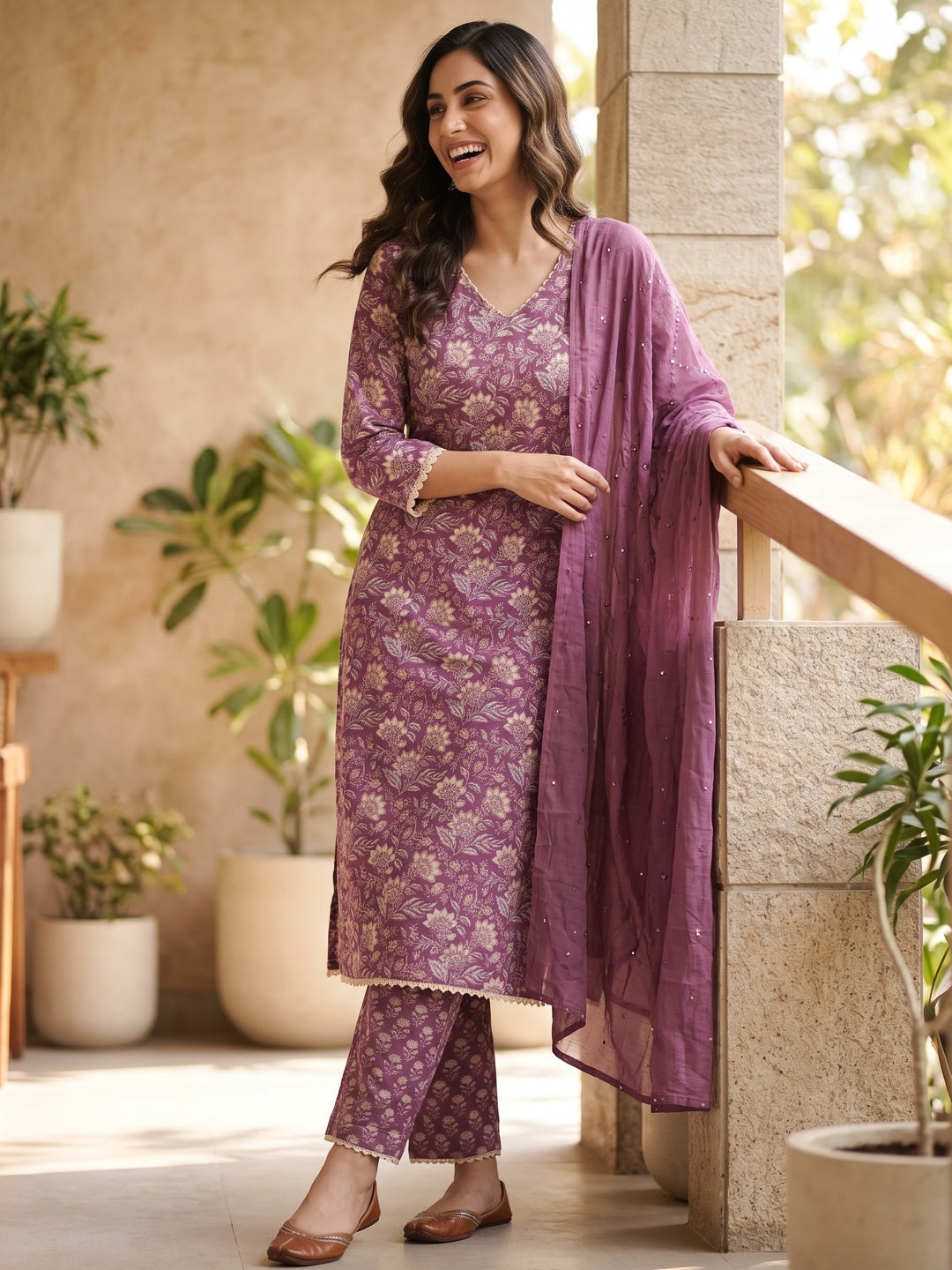 Purple Floral Printed Pure Cotton A-Line Salwar Suit - Image 6