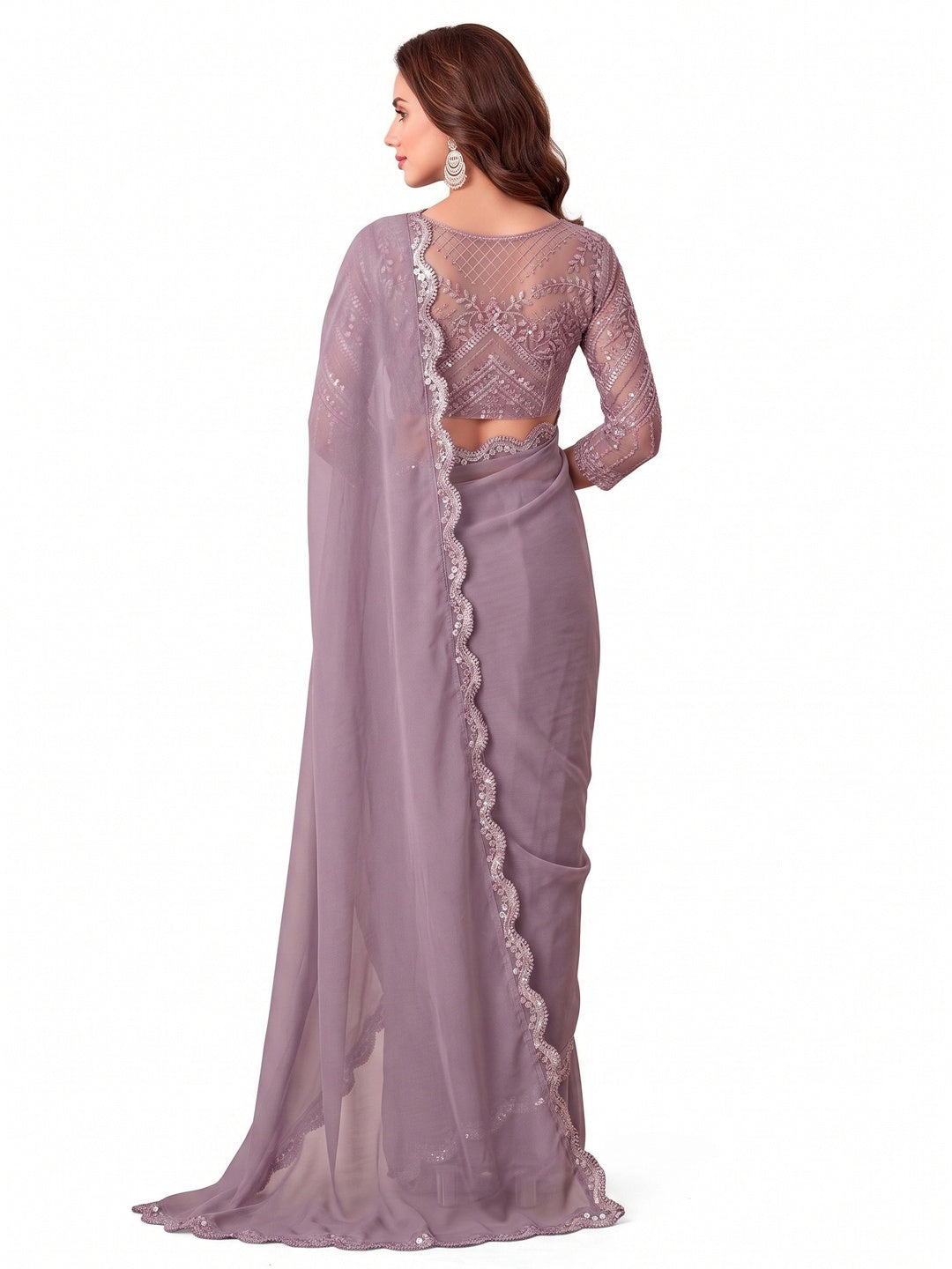 Lavender Sequins Embroidered Georgette Saree - Image 2