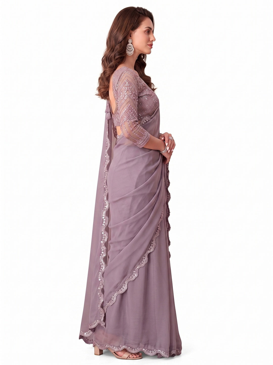 Lavender Sequins Embroidered Georgette Saree - Image 3