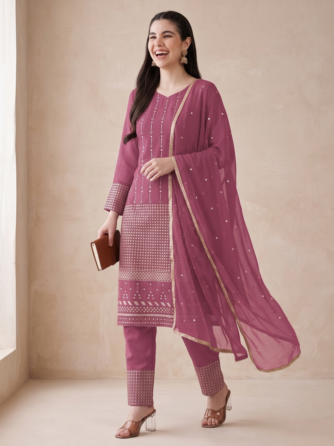 Pink Sequins Embroidered Georgette Semi Stitched Salwar Suit - Image 6
