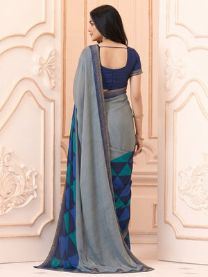 Grey Printed Art Silk Saree With Lace Border - Image 2