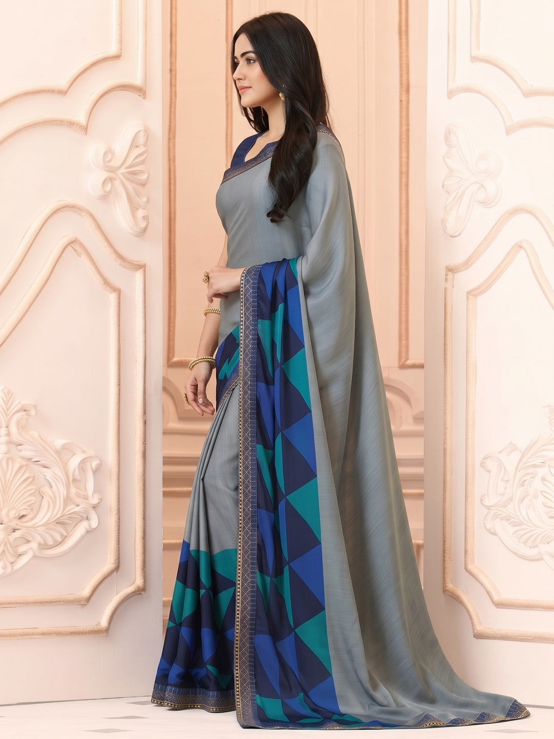 Grey Printed Art Silk Saree With Lace Border - Image 3