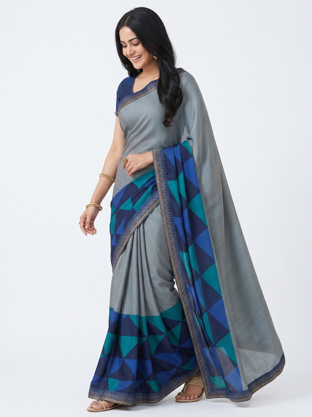 Grey Printed Art Silk Saree With Lace Border - Image 4