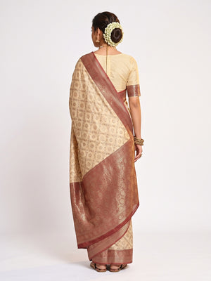 Cream & Red Floral Woven Banarasi Silk Saree With Tassels - Image 2