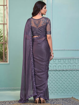 Purple Embroidered Georgette Designer Saree - Image 2