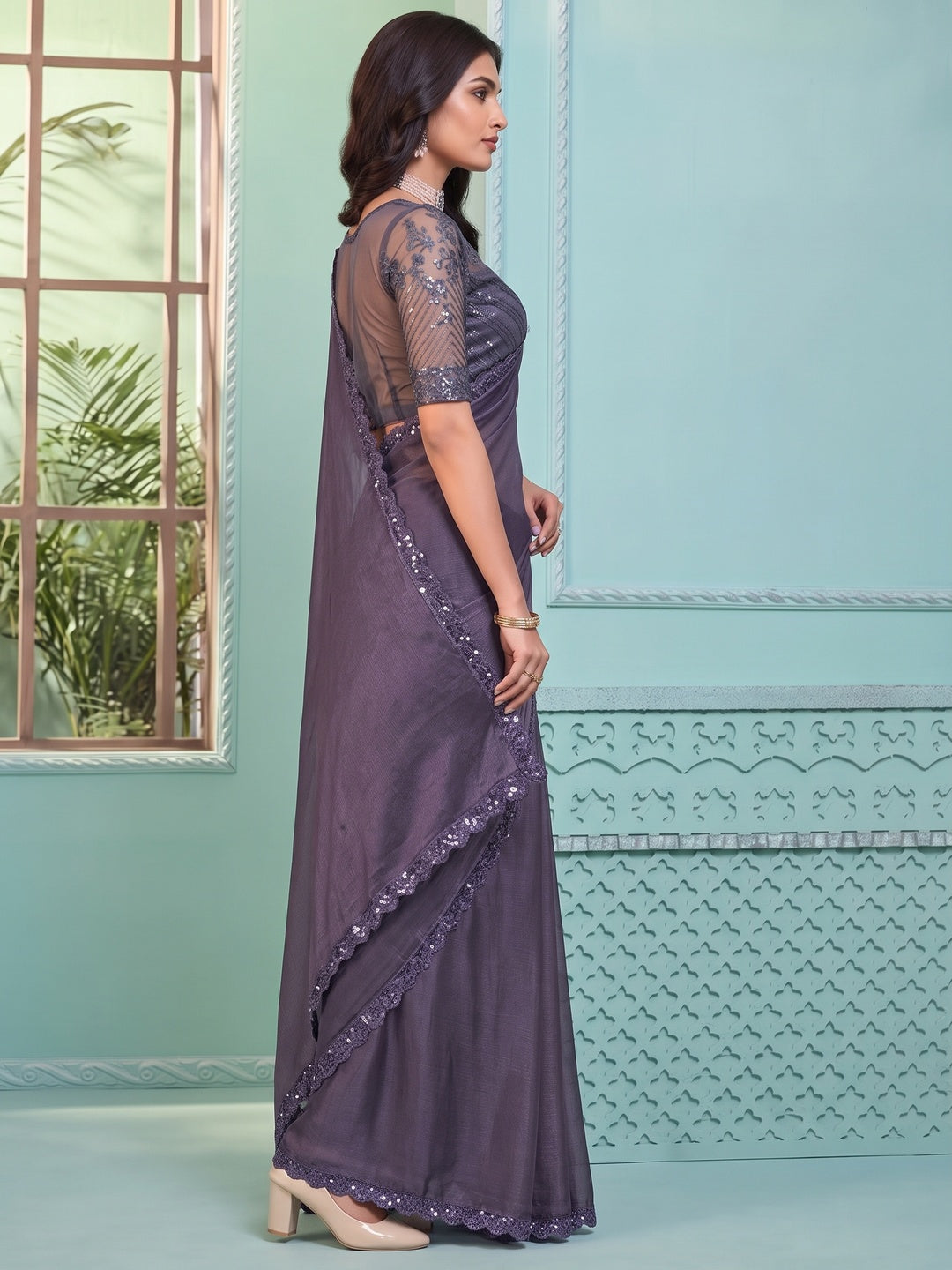 Purple Embroidered Georgette Designer Saree - Image 3