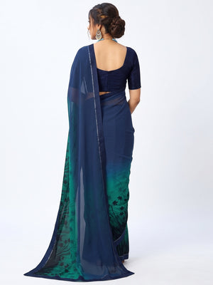 Blue Floral Printed Georgette Saree - Image 2