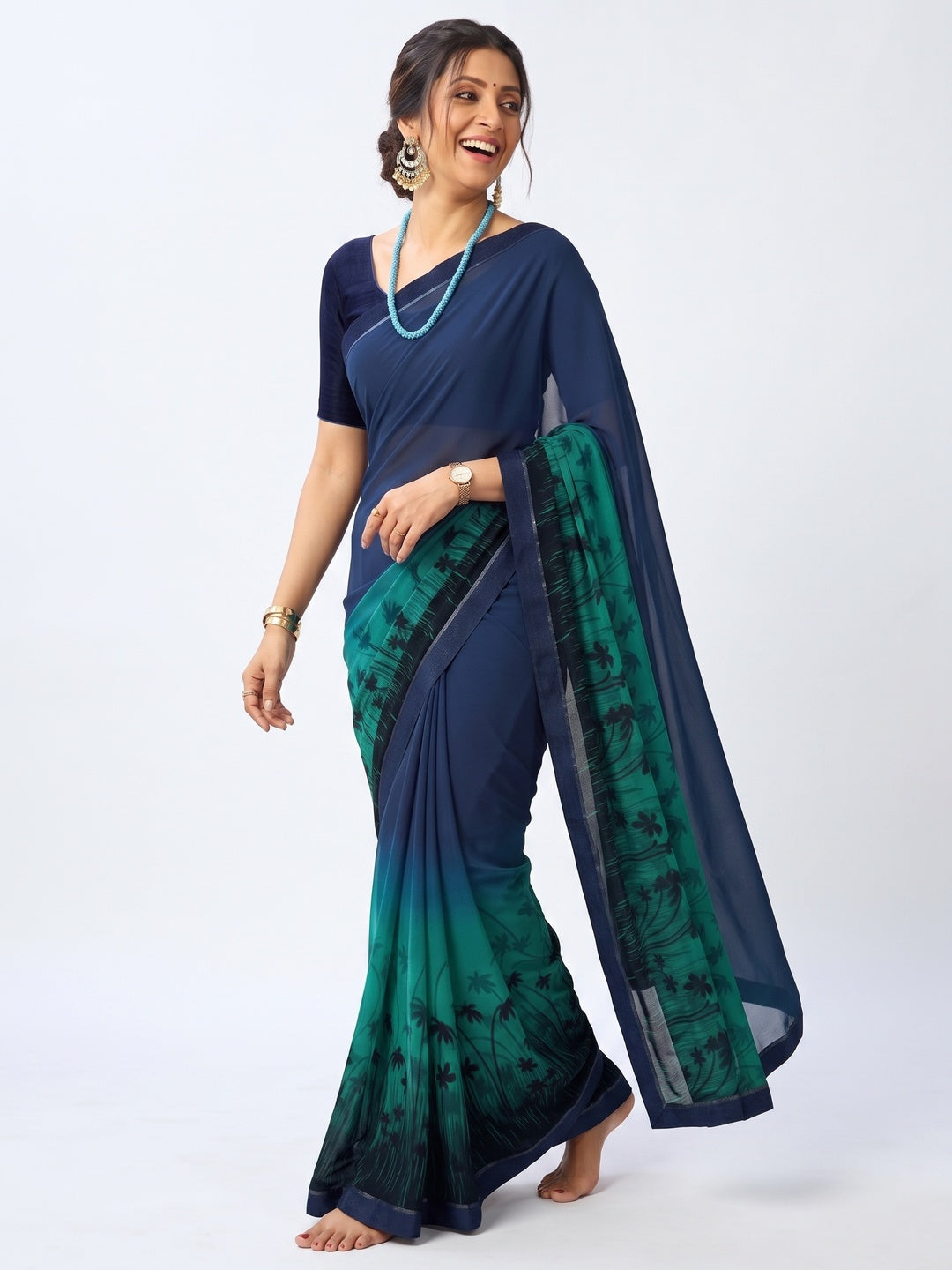 Blue Floral Printed Georgette Saree - Image 4