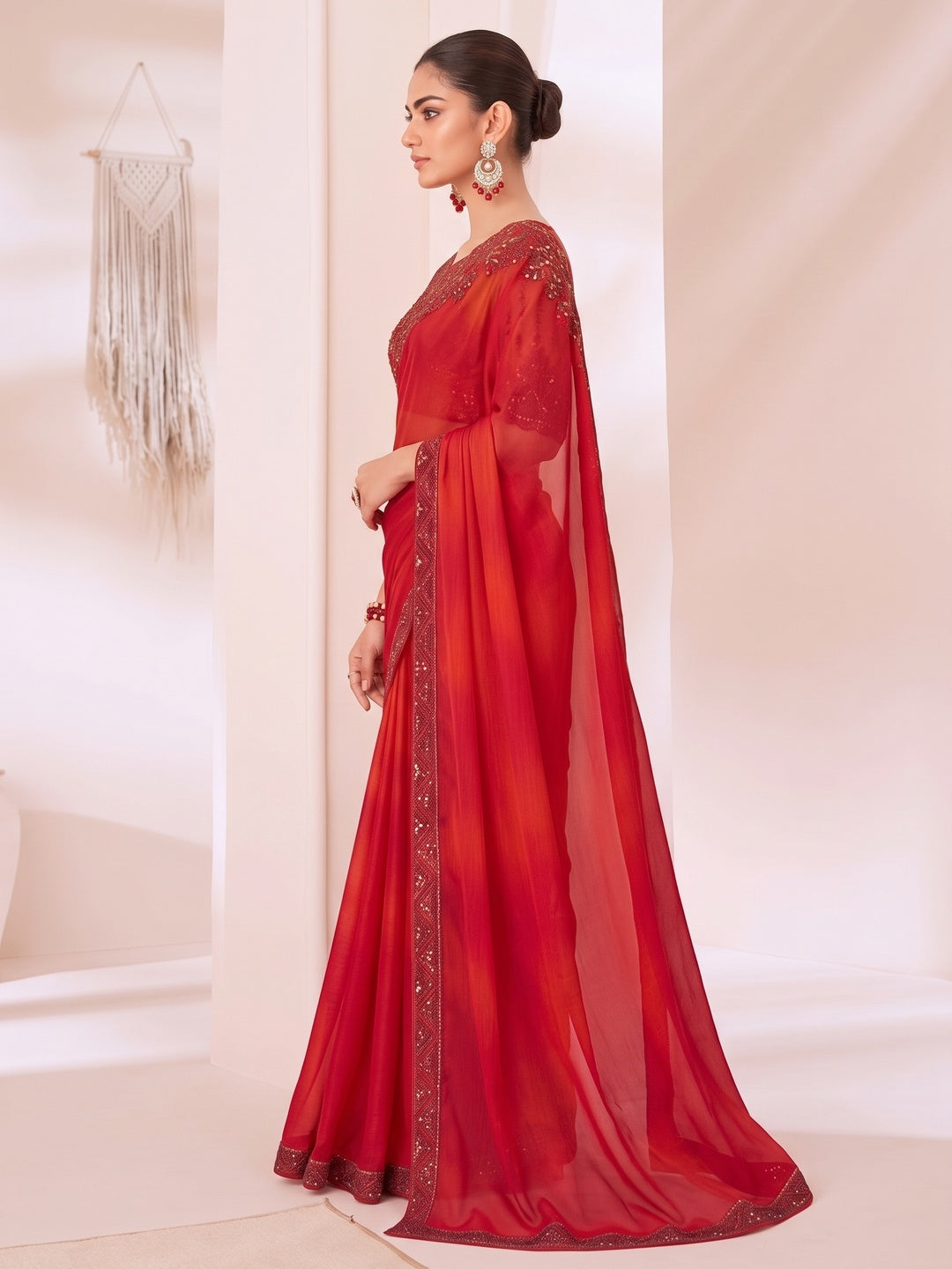 Red Embroidered Chiffon Saree - Image 7