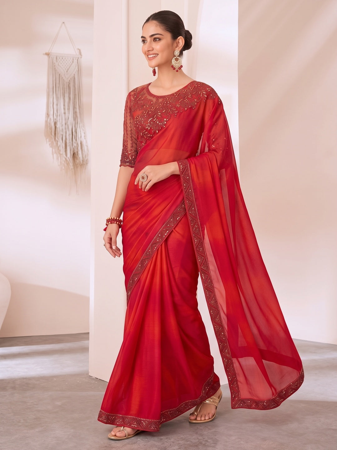 Red Embroidered Chiffon Saree - Image 8