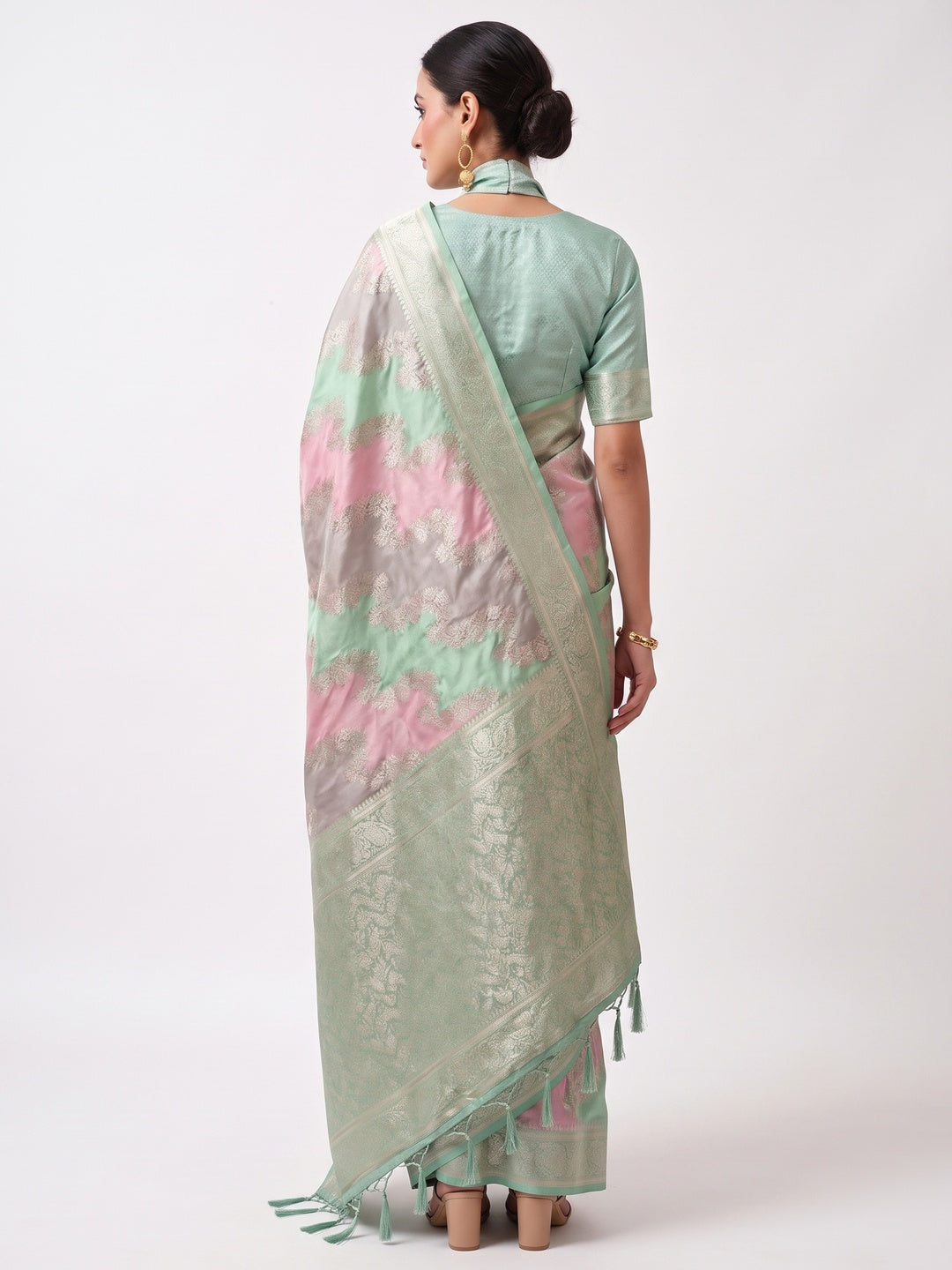 Sea Green Floral Woven Satin Saree With Tassels - Image 2