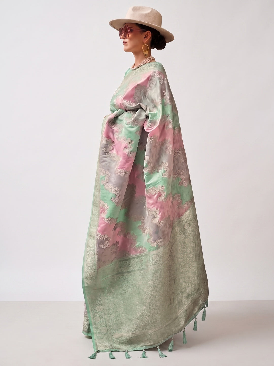 Sea Green Floral Woven Satin Saree With Tassels - Image 3