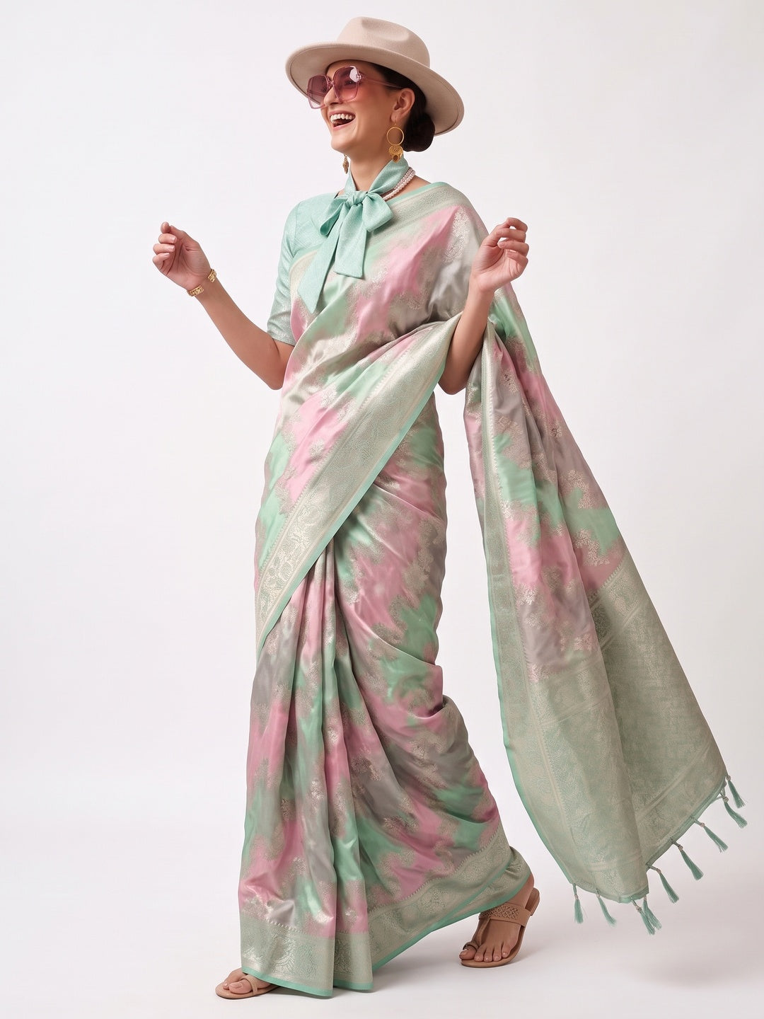Sea Green Floral Woven Satin Saree With Tassels - Image 4