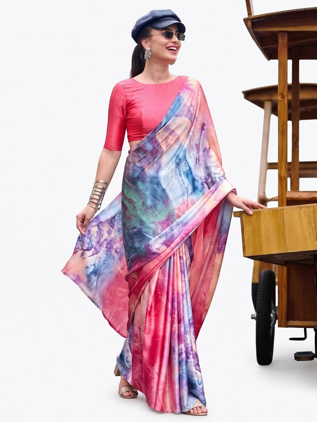Gajri Pink Digital Printed Pure Satin Saree - Image 5