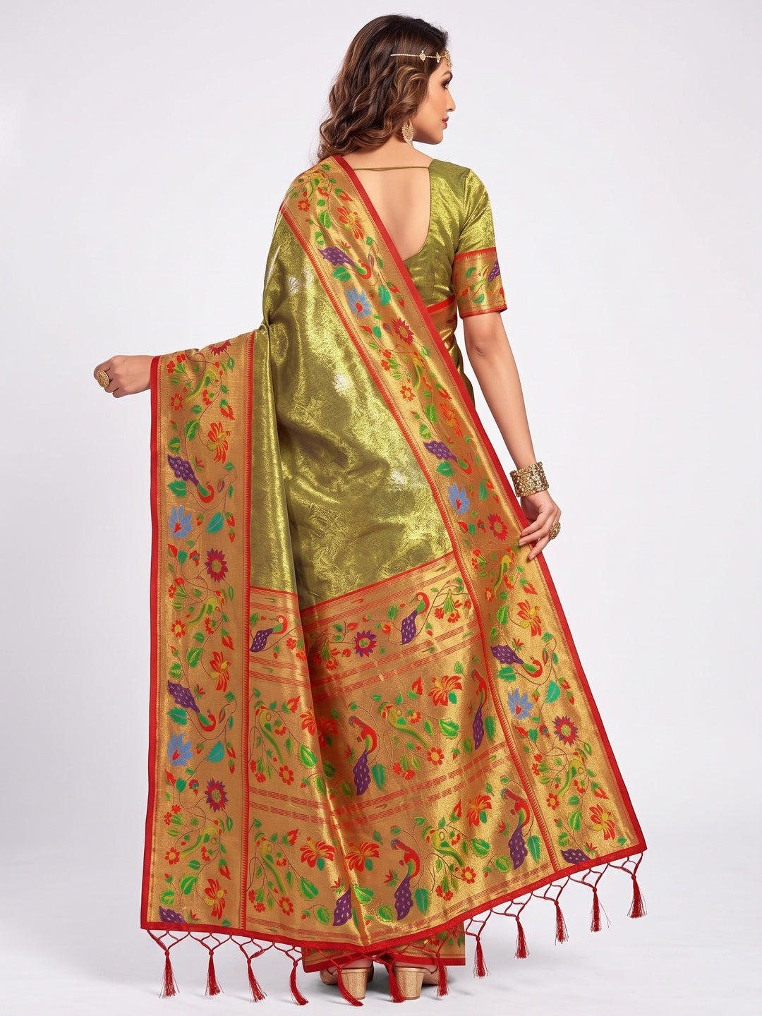 Mehendi Green Woven Raw Silk Paithani Saree With Tassels - Image 2