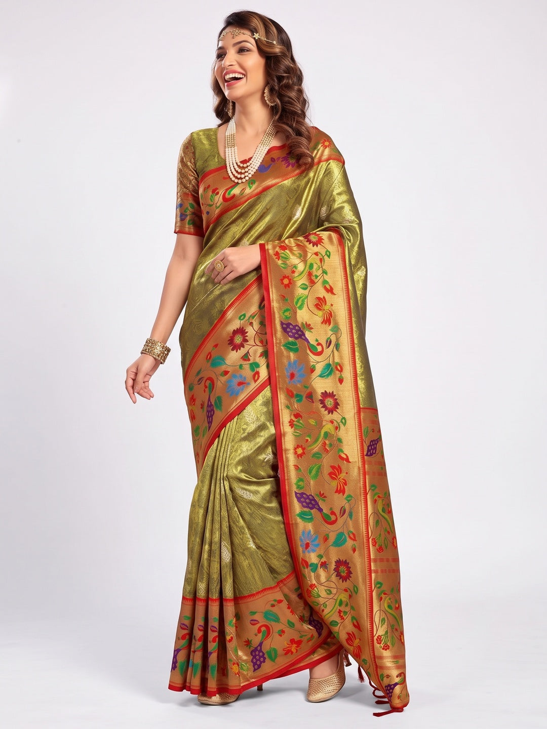 Mehendi Green Woven Raw Silk Paithani Saree With Tassels - Image 4