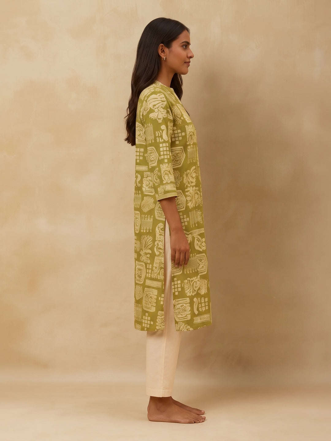 Olive Handblock Printed Pure Cotton A-Line Kurti - Image 11