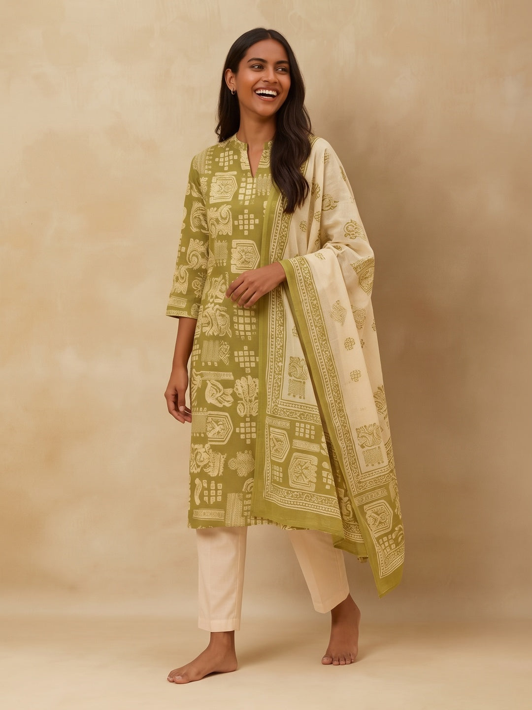 Olive Handblock Printed Pure Cotton A-Line Kurti - Image 12