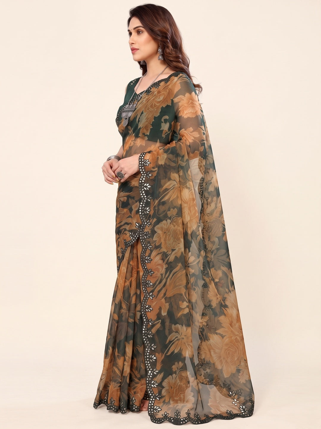 Dark Green  Printed Georgette Saree With Mirror Work Border - Image 6