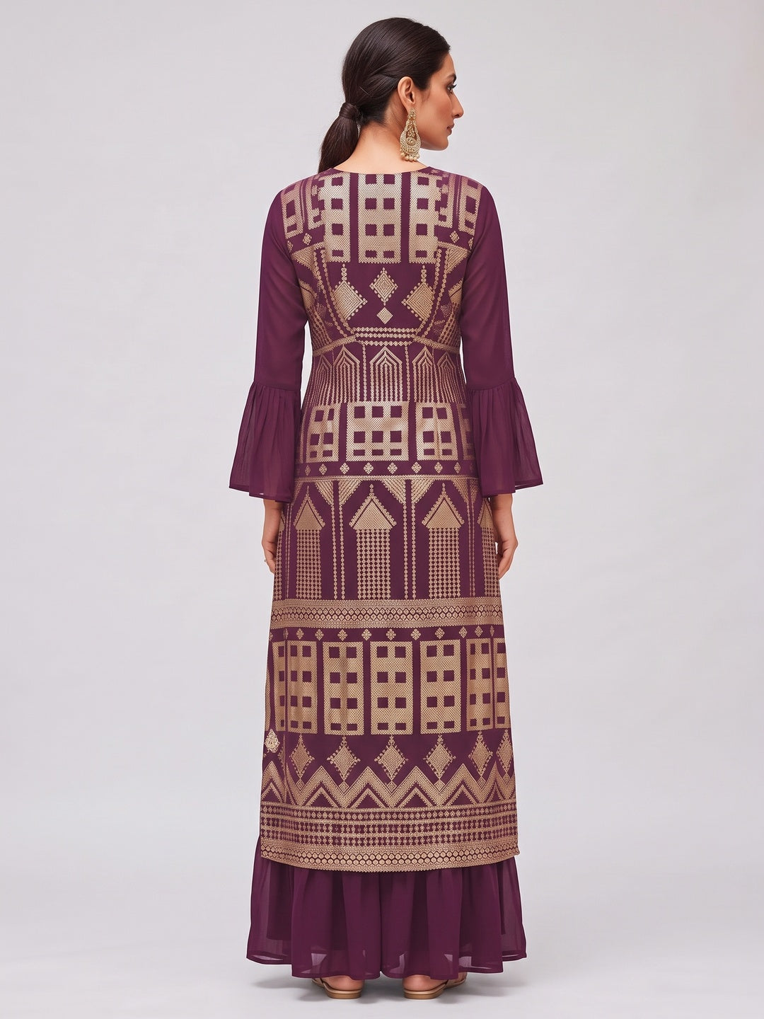 Purple Sequins Embroidered Georgette Sharara Choli With Jacket - Image 2