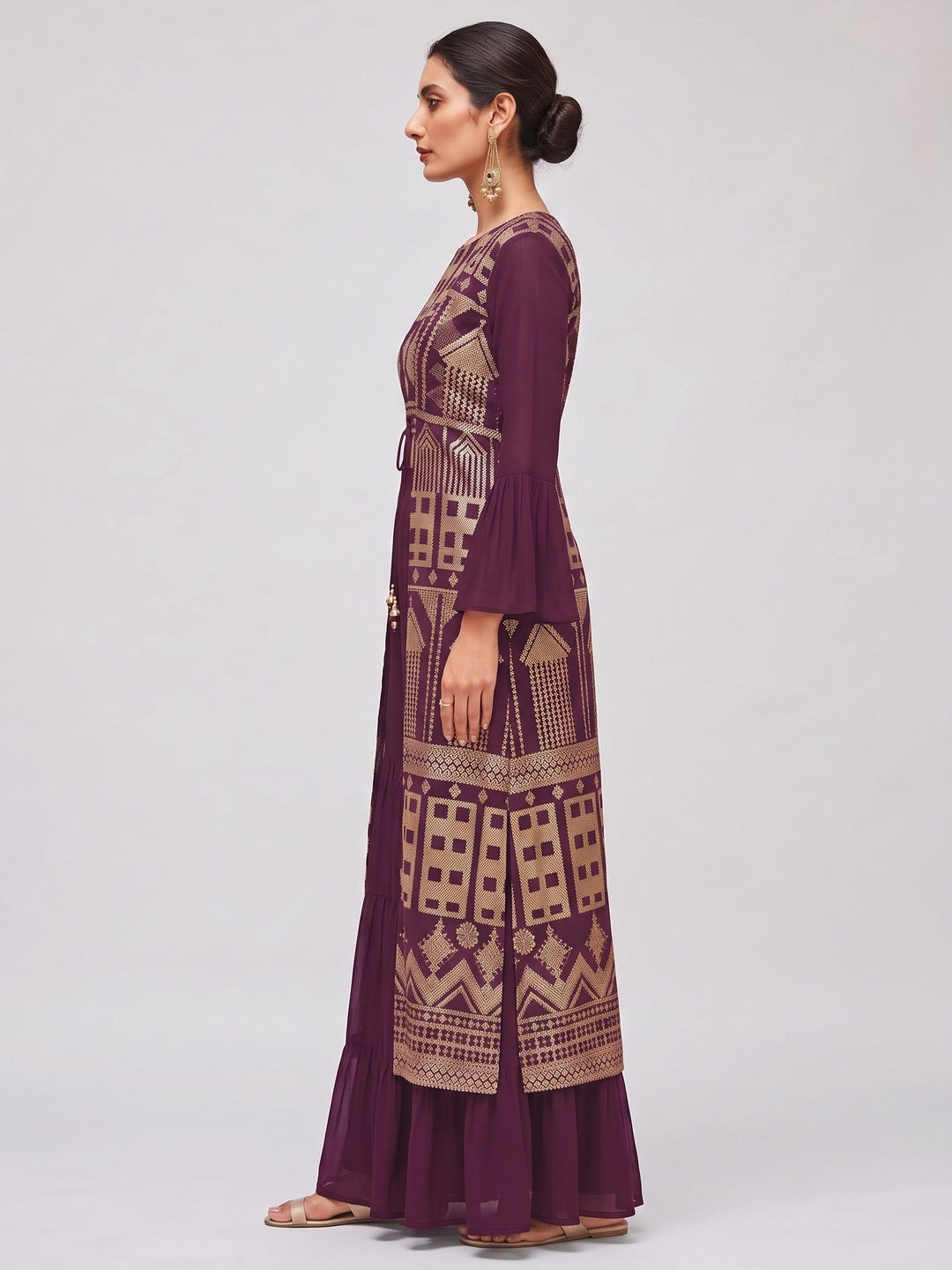 Purple Sequins Embroidered Georgette Sharara Choli With Jacket - Image 3