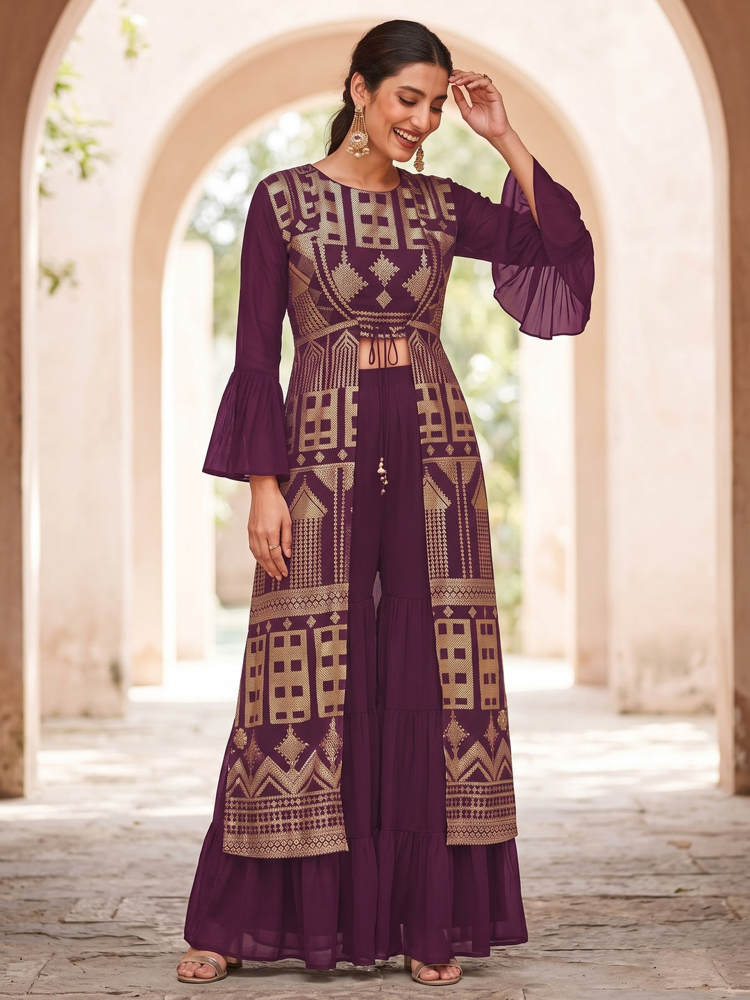Purple Sequins Embroidered Georgette Sharara Choli With Jacket - Image 4