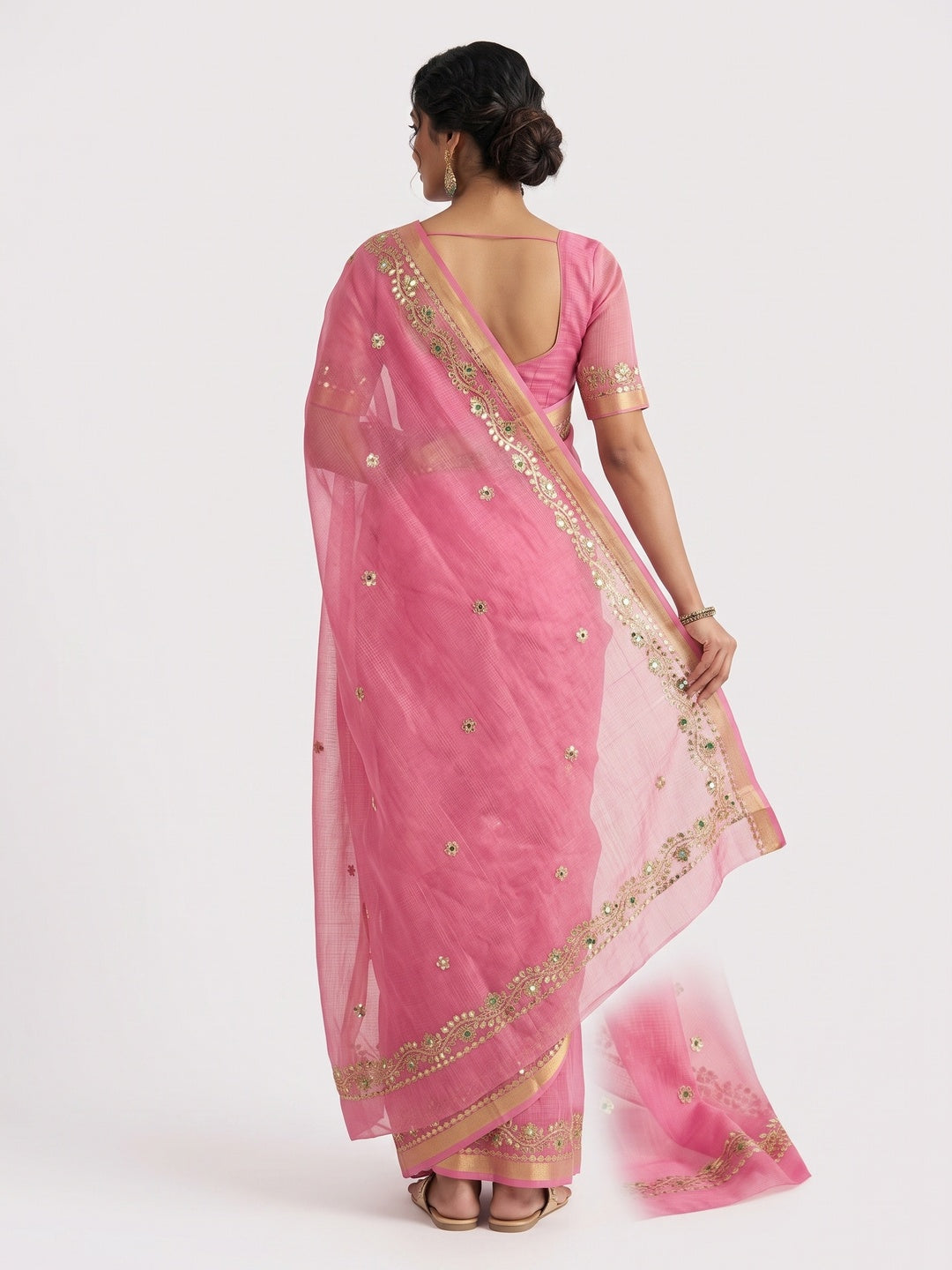Graceful Pink Kota Doria Saree Adorned With Delicate Floral Gota Patti & Zari Weaving Border - Image 6