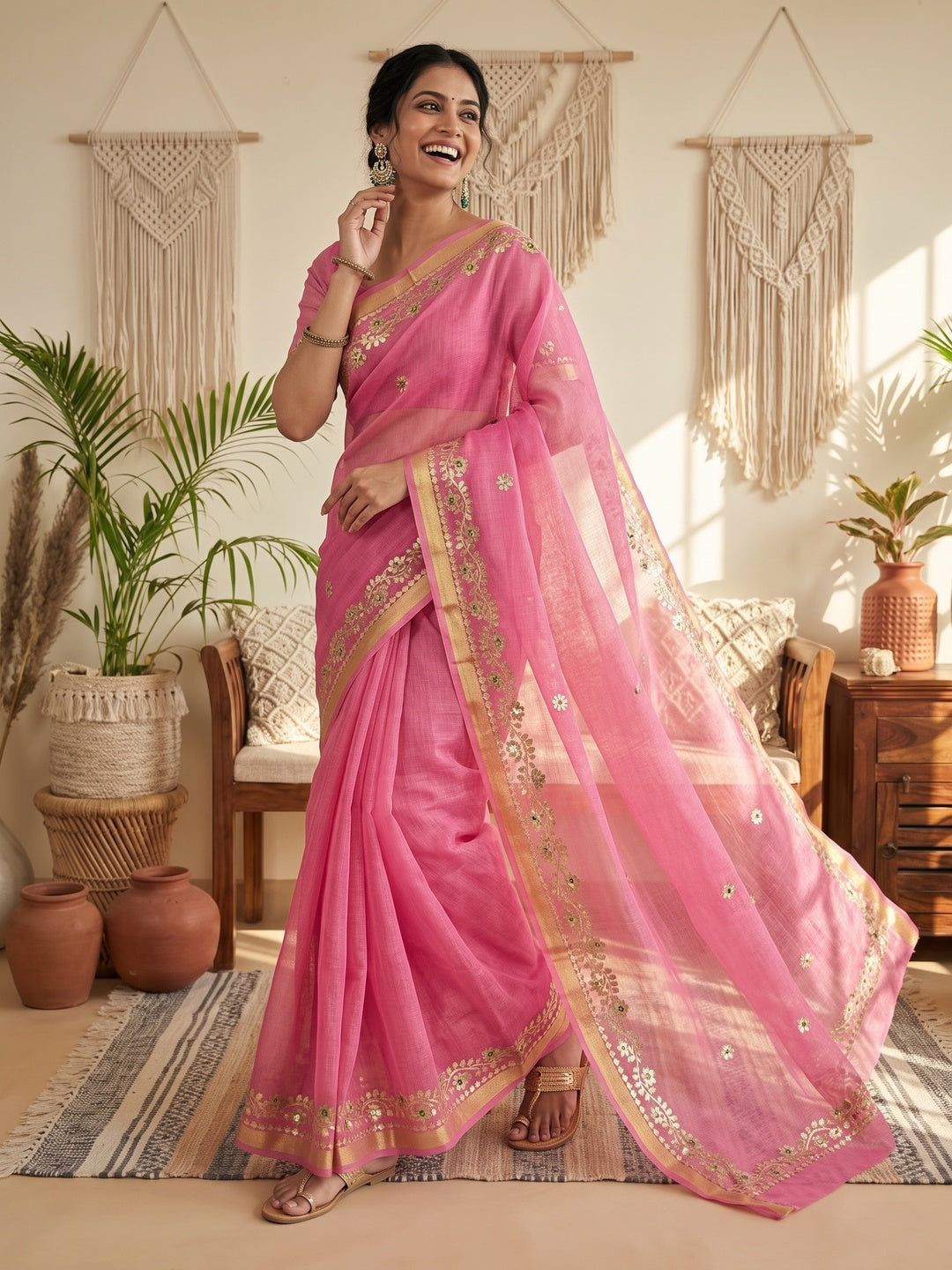 Graceful Pink Kota Doria Saree Adorned With Delicate Floral Gota Patti & Zari Weaving Border - Image 13