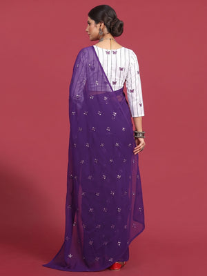 Purple Sequins Embroidered Georgette Saree - Image 2