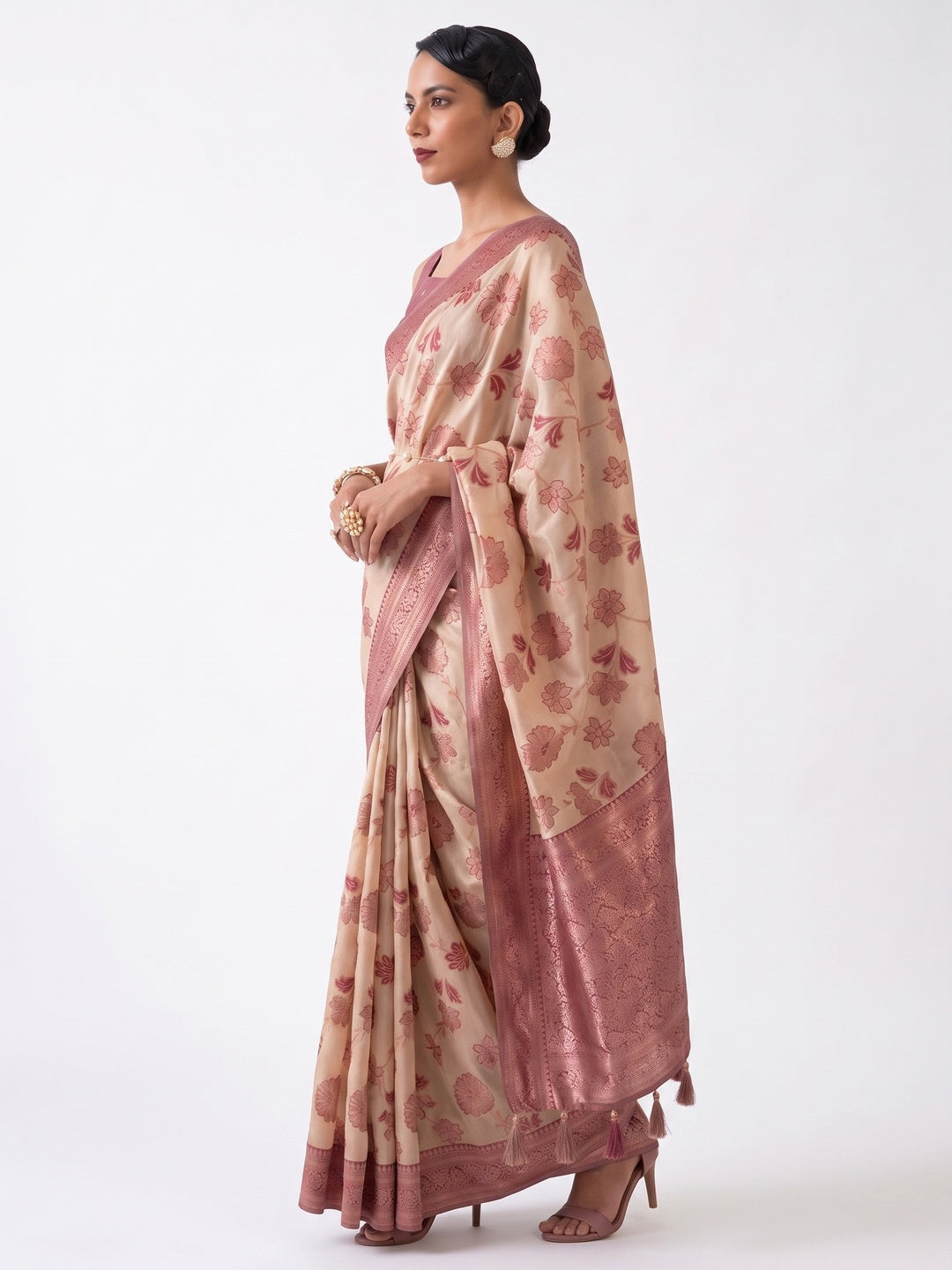 Beige Woven Organza Saree With Tassels - Image 3
