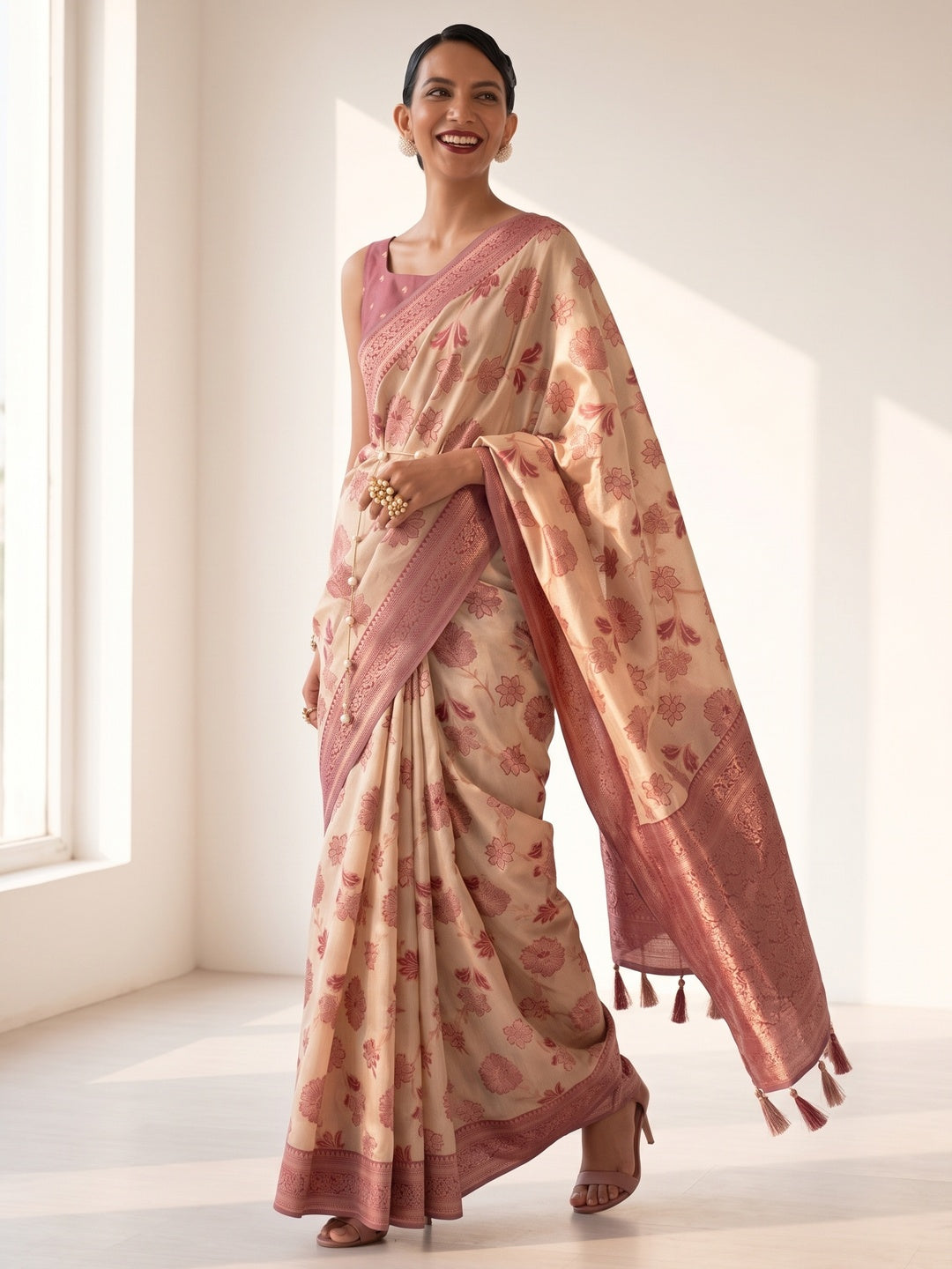 Beige Woven Organza Saree With Tassels - Image 4